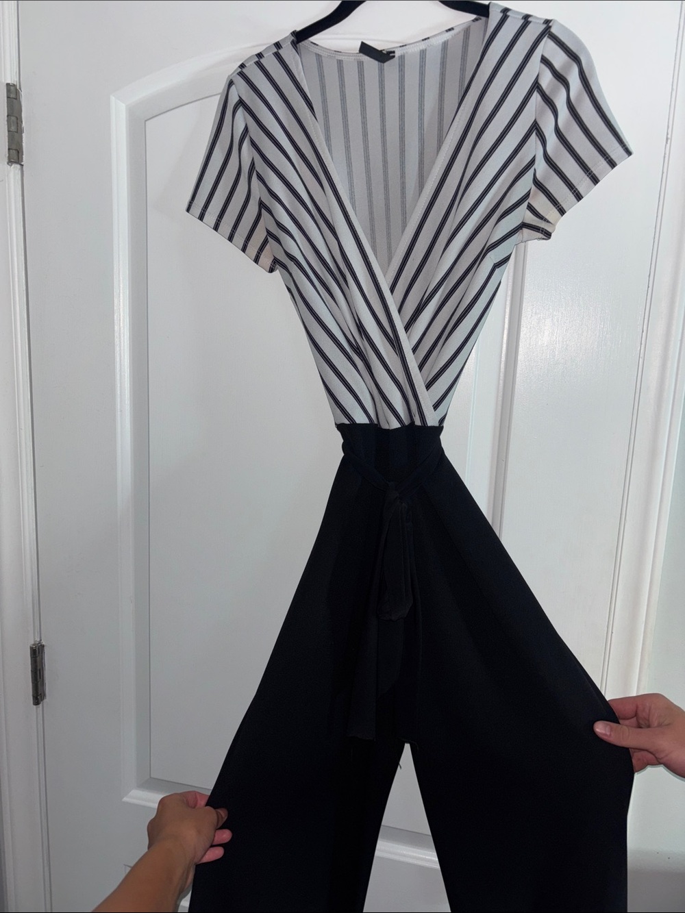 Black & White Striped Wrap Jumpsuit with Tie Waist